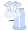 Blue ghost embroidery gingham ruffle pants set