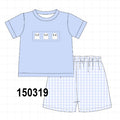 Blue ghost embroidery gingham shorts set