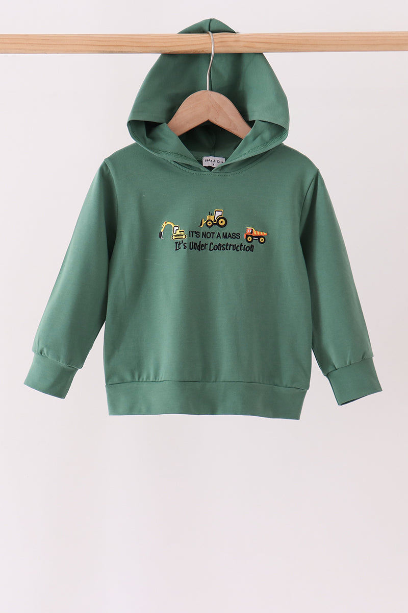 Green construction vehicle embroidery hoodie