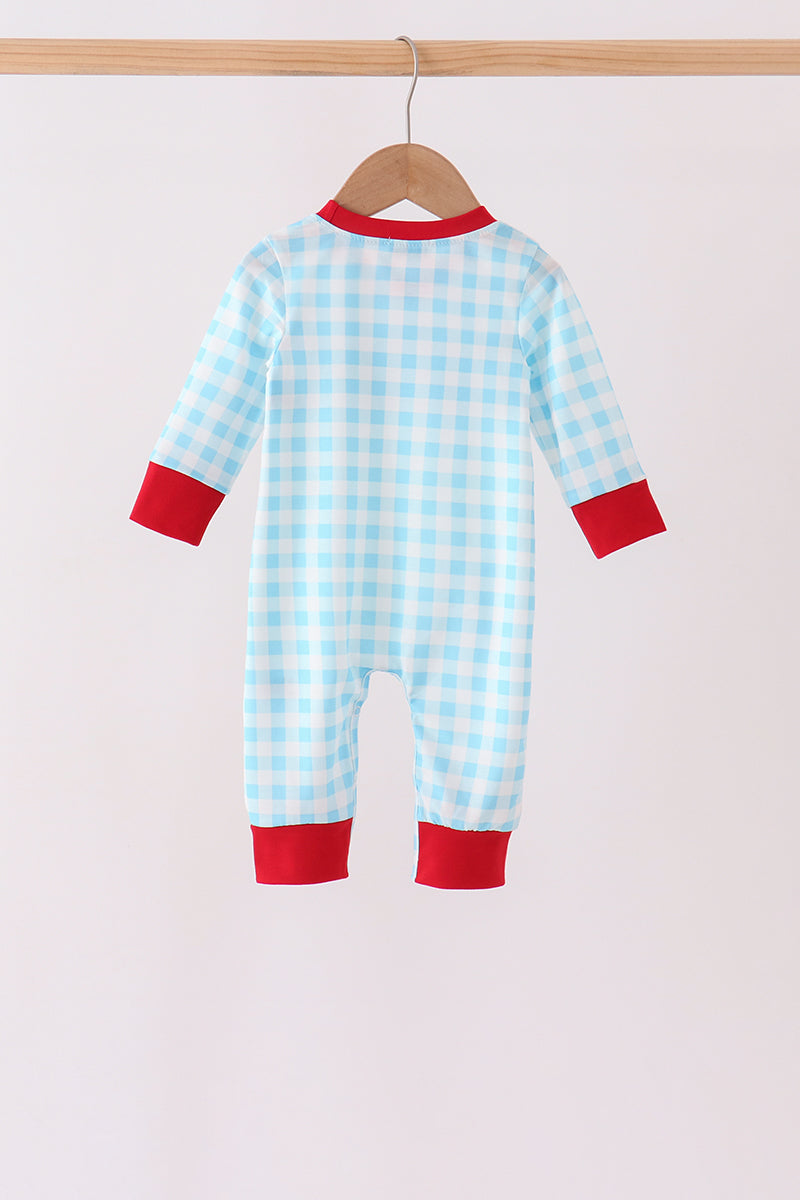 Blue puppy embroidery gingham romper
