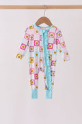 Blue smiling checkered ruffle bamboo romper