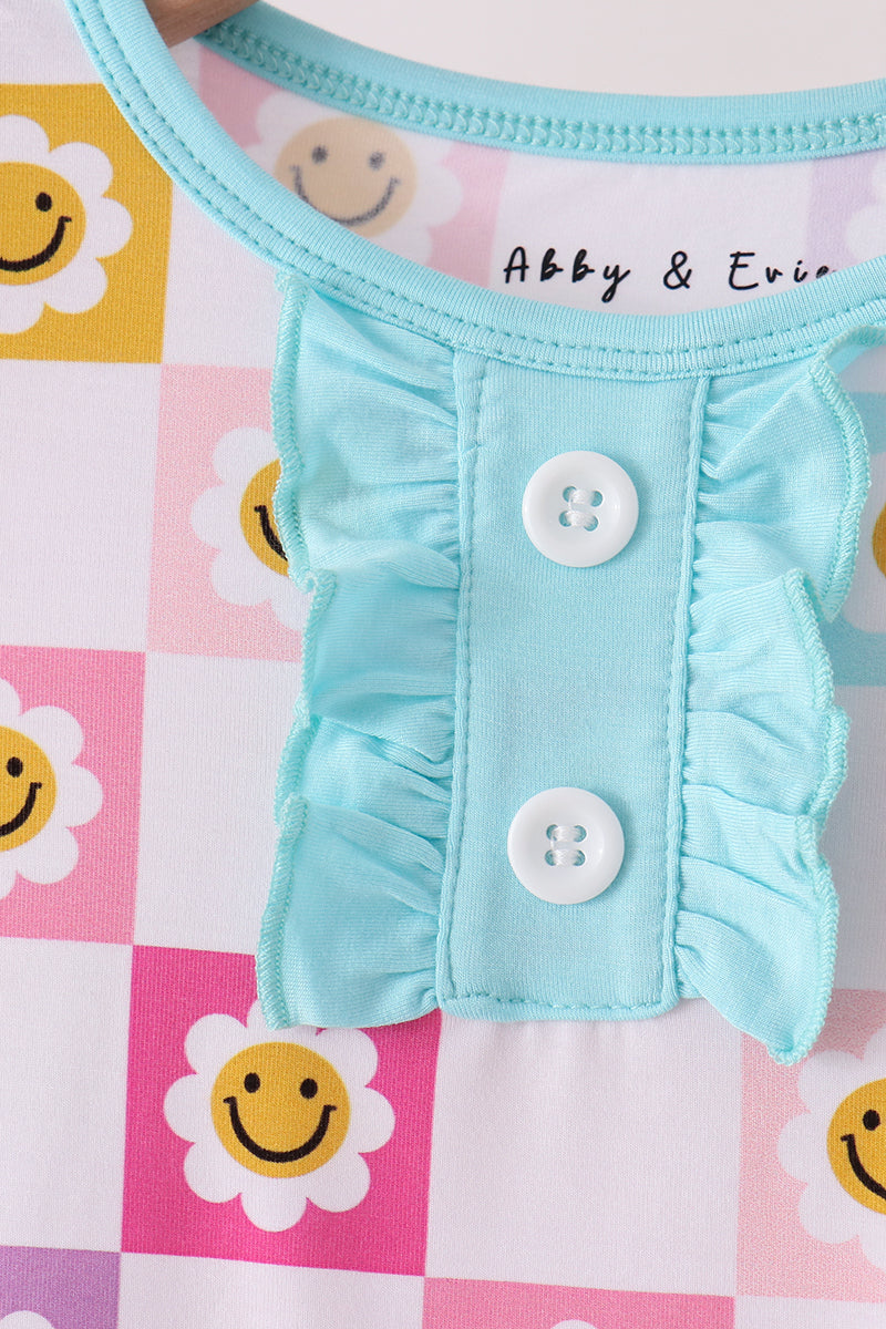 Blue smiling checkered ruffle bamboo pajama set