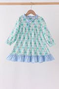 Green santa print ruffle dress