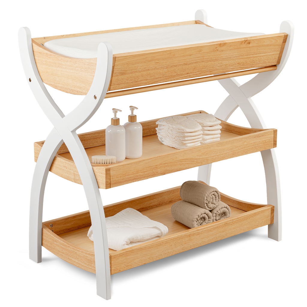 Baby Changing Table By Comfy Cubs - Natural Wood With White Legs