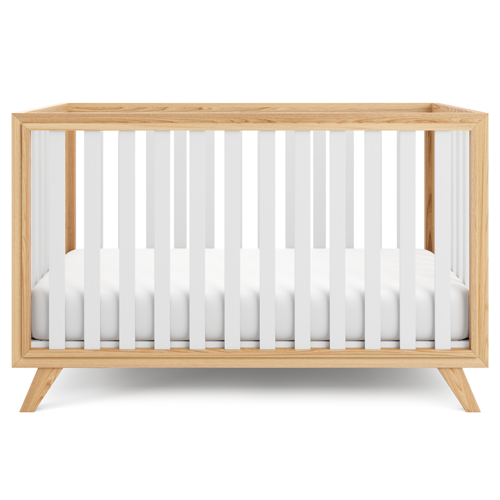 Baby Crib For 0 To 3 Years - White Bars And Natural Wood Frame And Legs