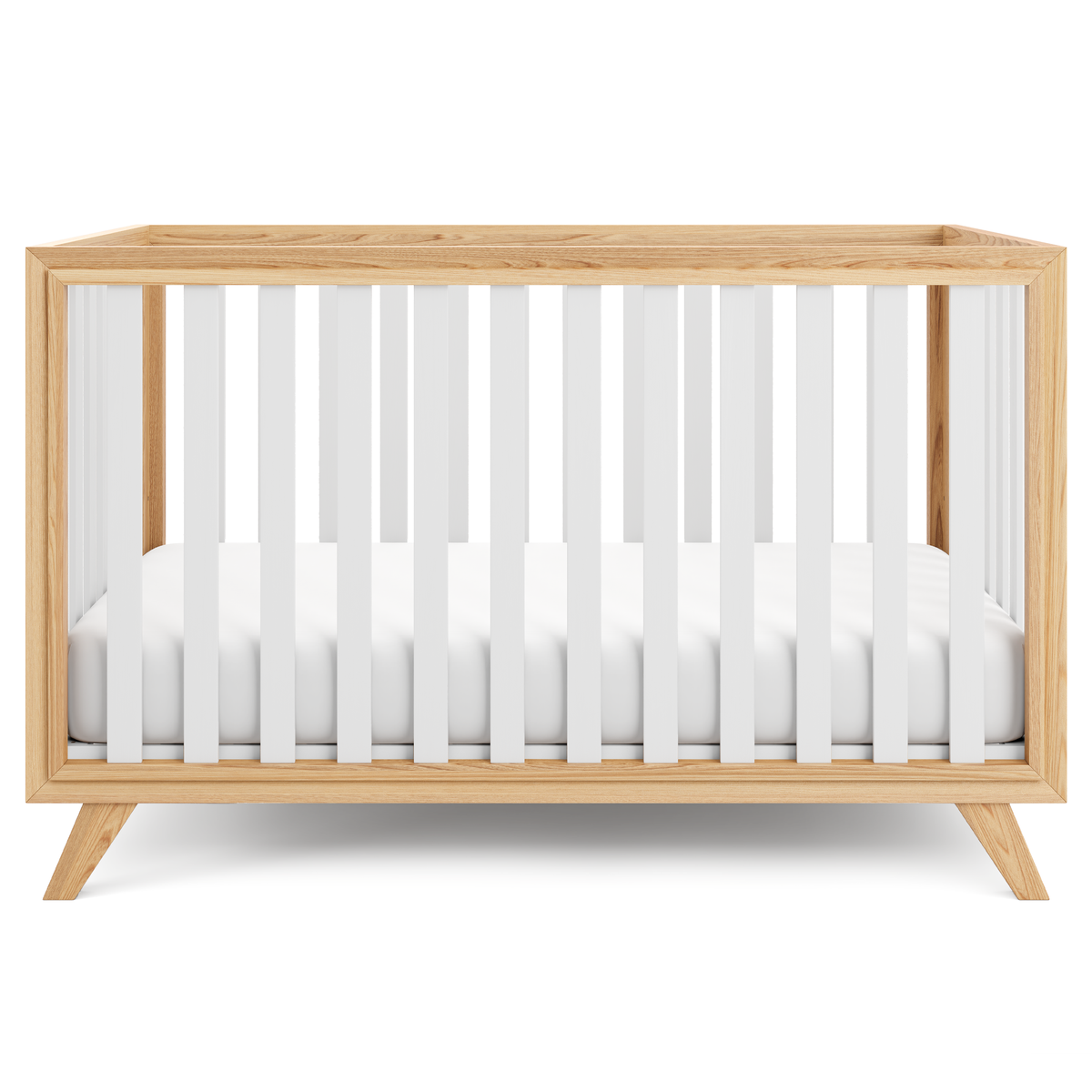 Baby Crib For 0 To 3 Years - White Bars And Natural Wood Frame And Legs