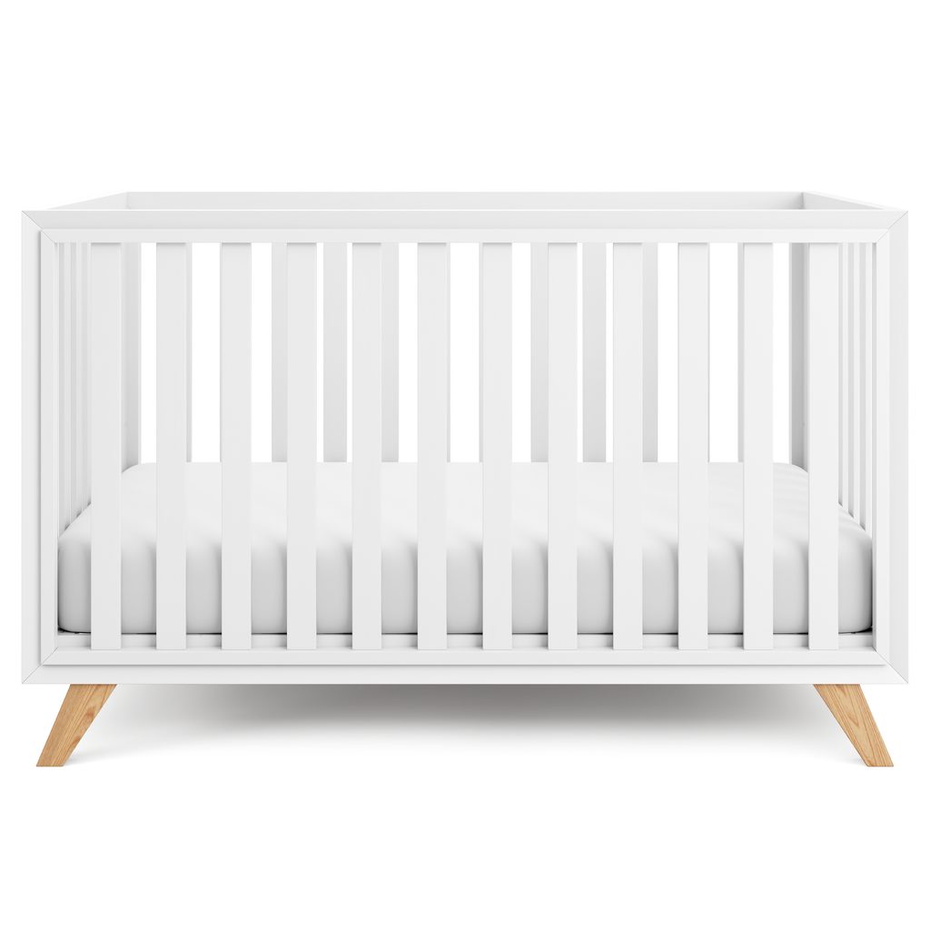 Baby Crib For 0 To 3 Years - White Bars And Frame And Natural Wood Leg