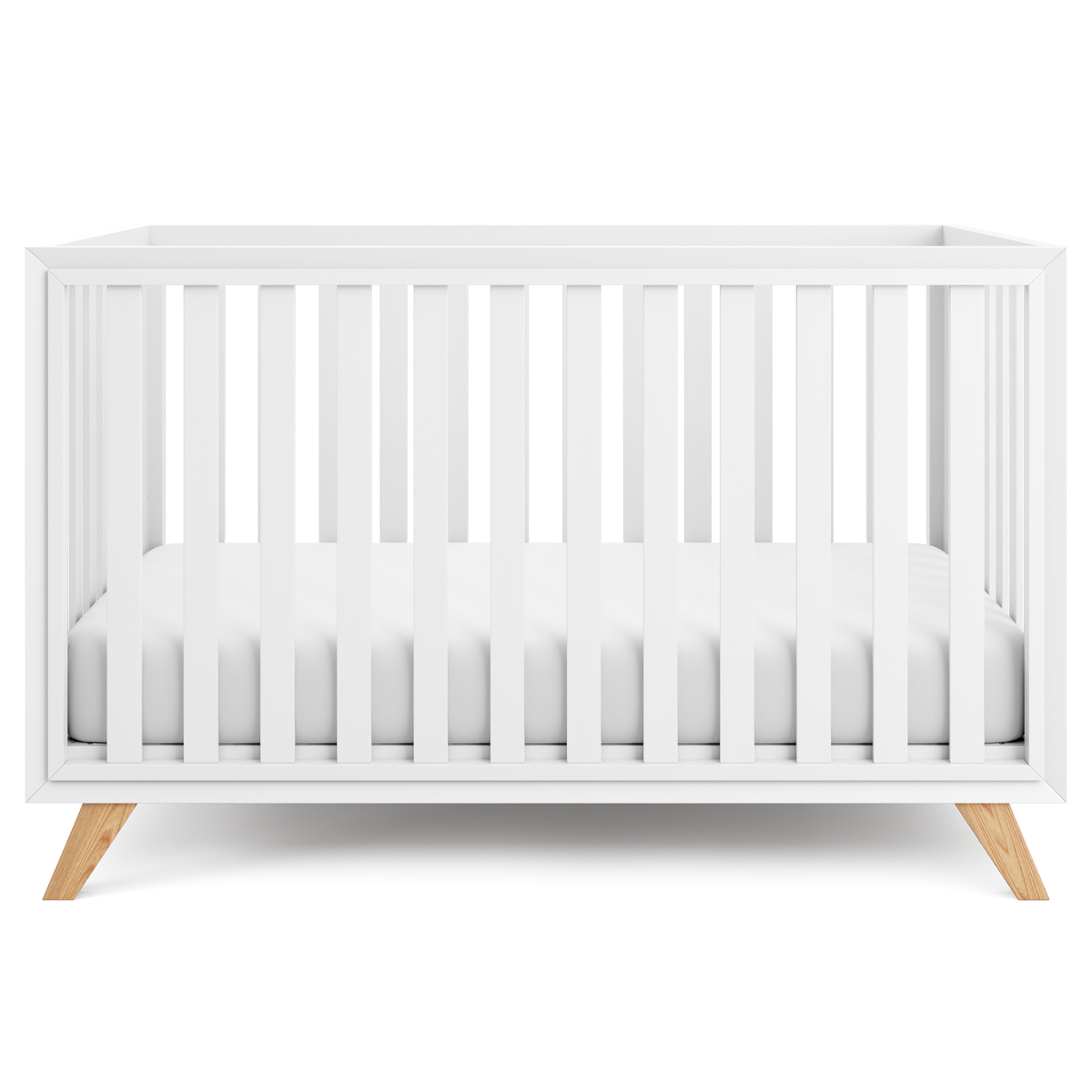Baby Crib For 0 To 3 Years - White Bars And Frame And Natural Wood Leg