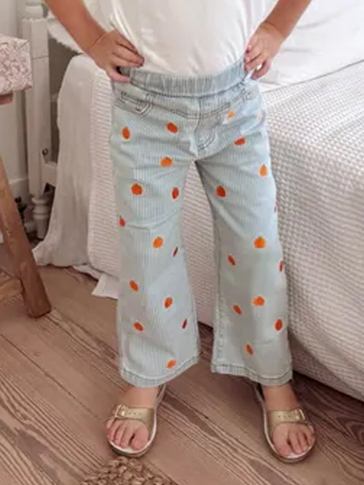 Halloween Thanksgiving Pumpkin Embroidered Girls Flare Pants
