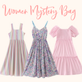 Three dresses with different patterns on a white background, labeled 'Women Mystery Bag'.