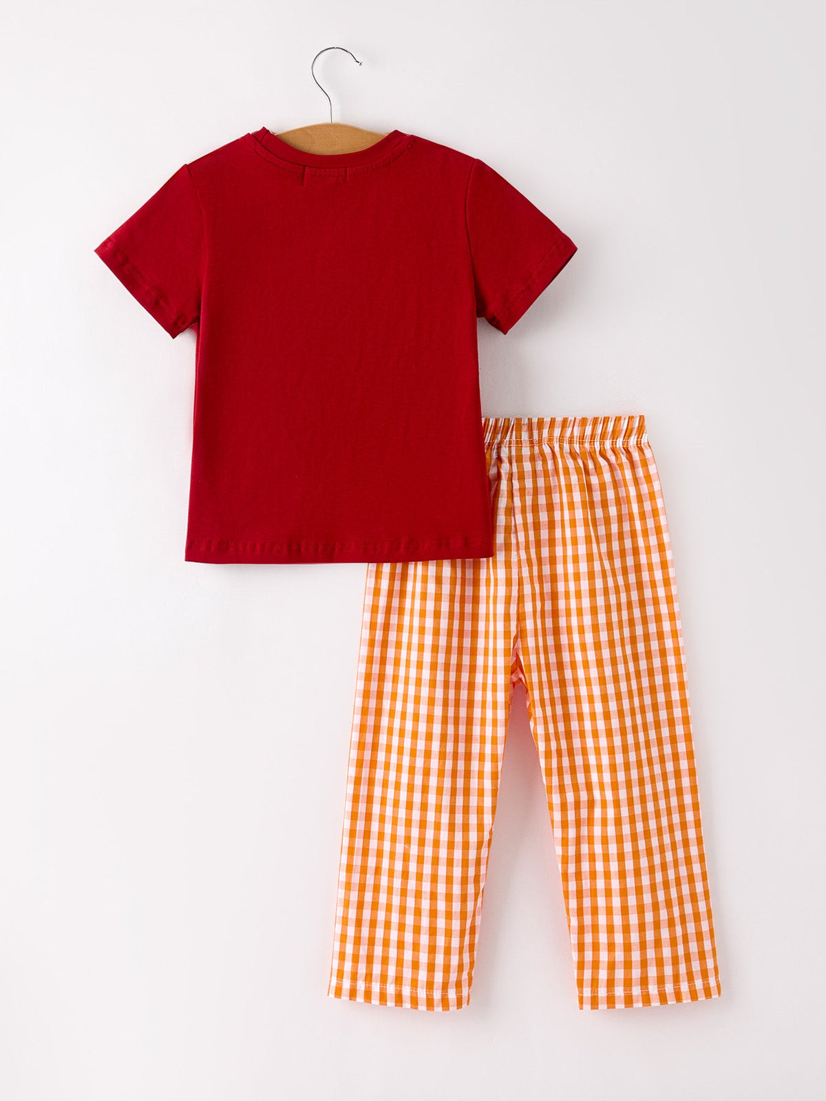 Fall Turkey Embroidered Boy Set – Orange Checkered With Thanksgiving Details