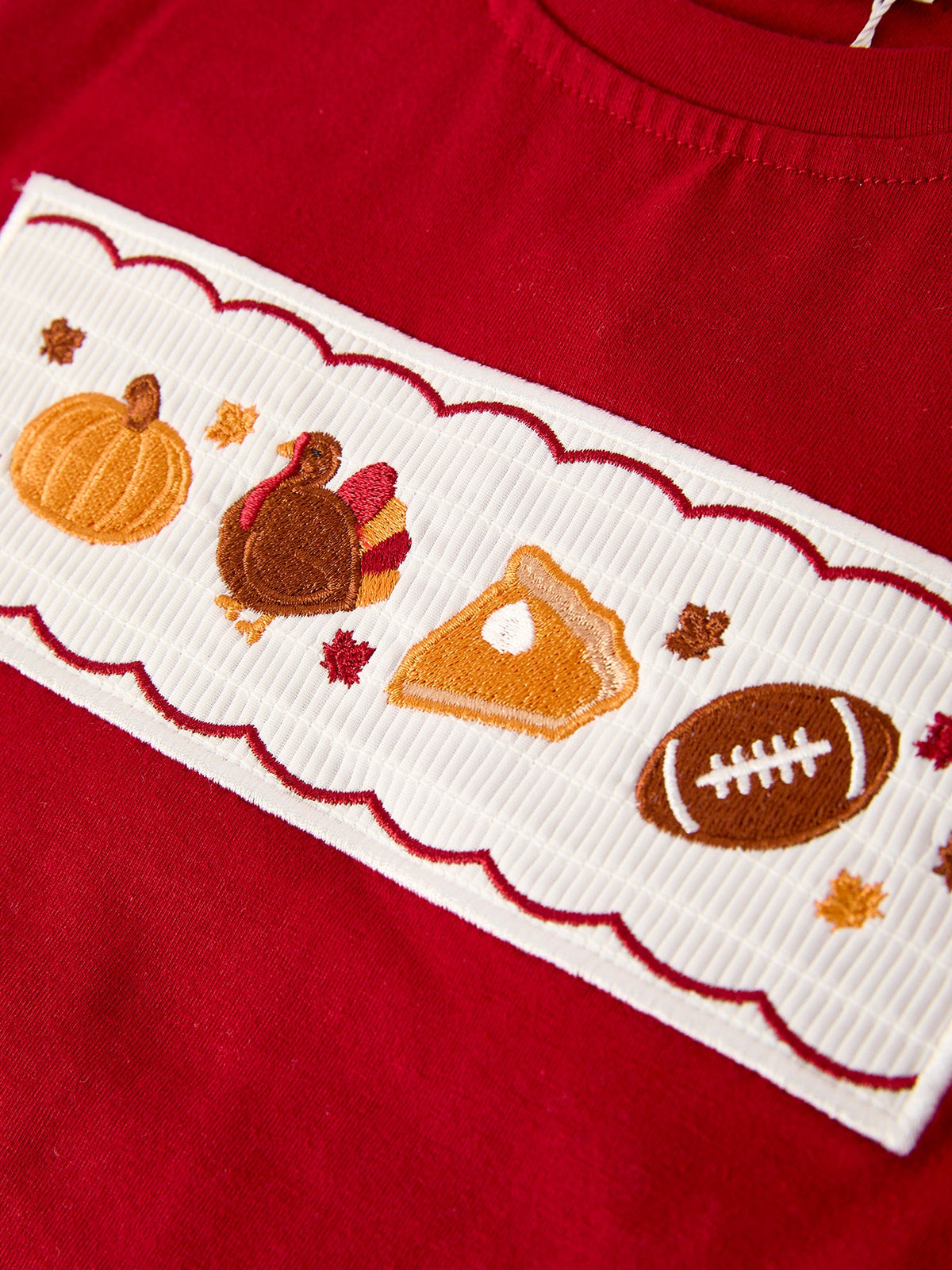 Fall Turkey Embroidered Boy Set – Orange Checkered With Thanksgiving Details