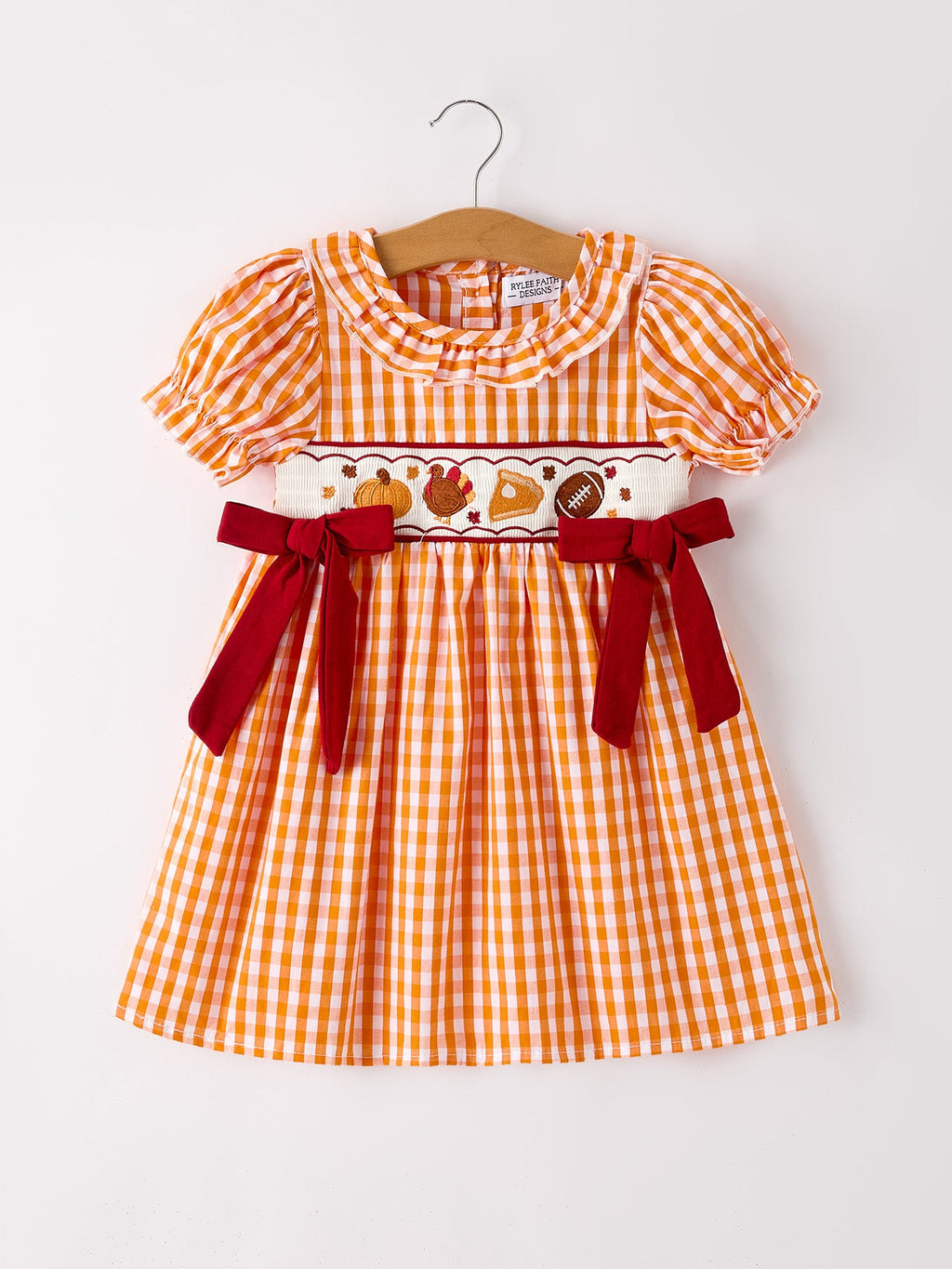 Fall Turkey Embroidered Dress For Girls – Orange Checkered With Thanksgiving Details
