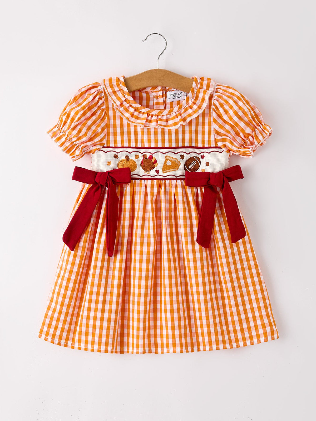 Fall Turkey Embroidered Dress For Girls – Orange Checkered With Thanksgiving Details