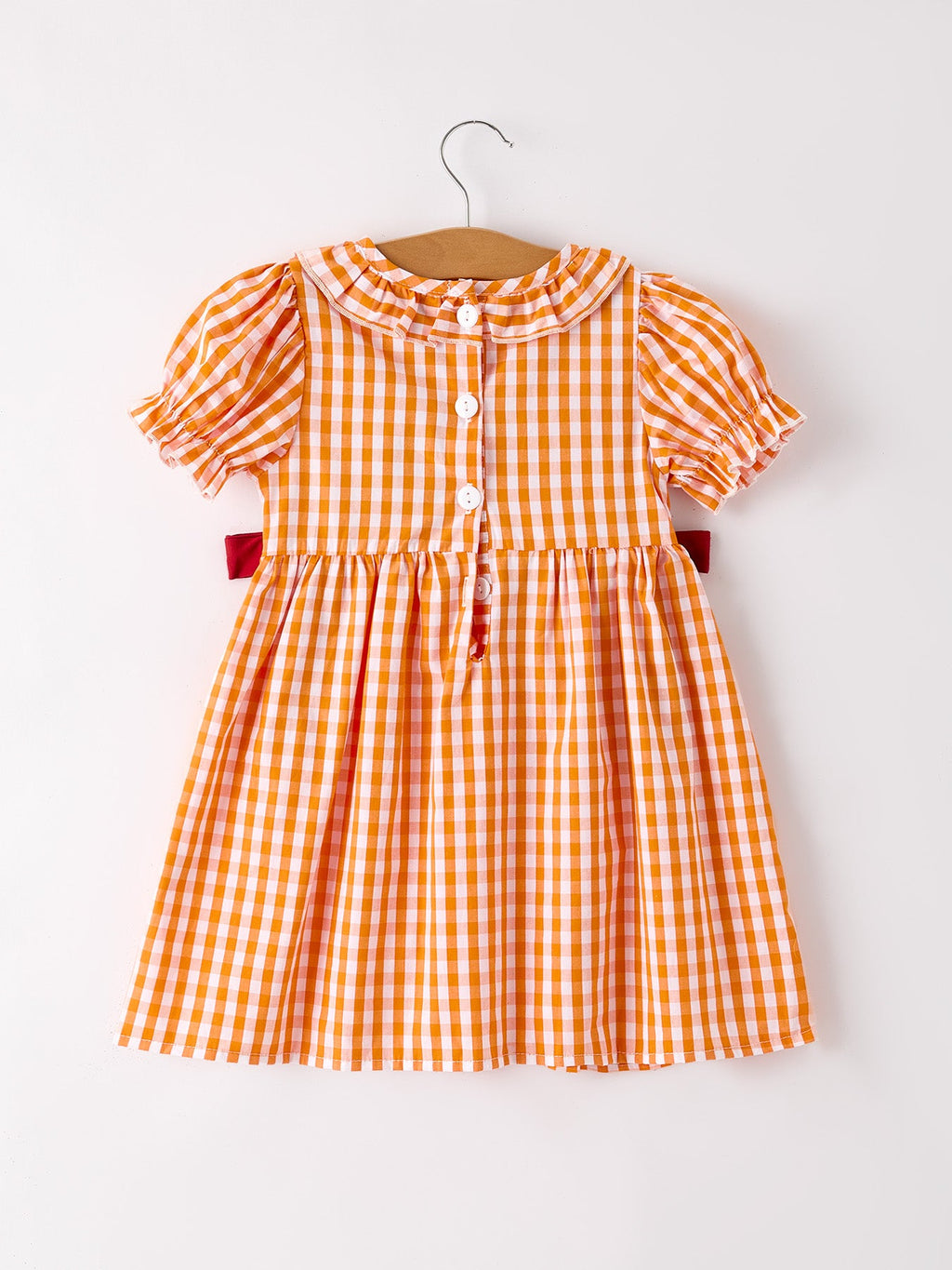 Fall Turkey Embroidered Dress For Girls – Orange Checkered With Thanksgiving Details