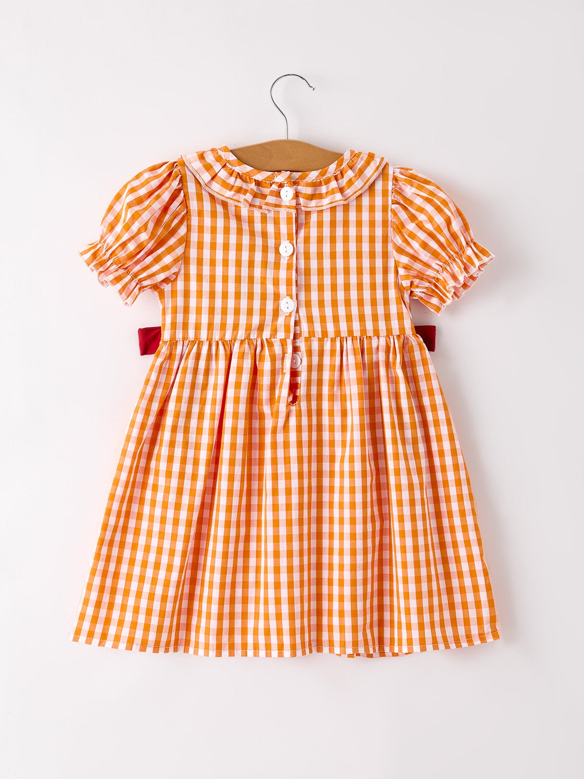 Fall Turkey Embroidered Dress For Girls – Orange Checkered With Thanksgiving Details