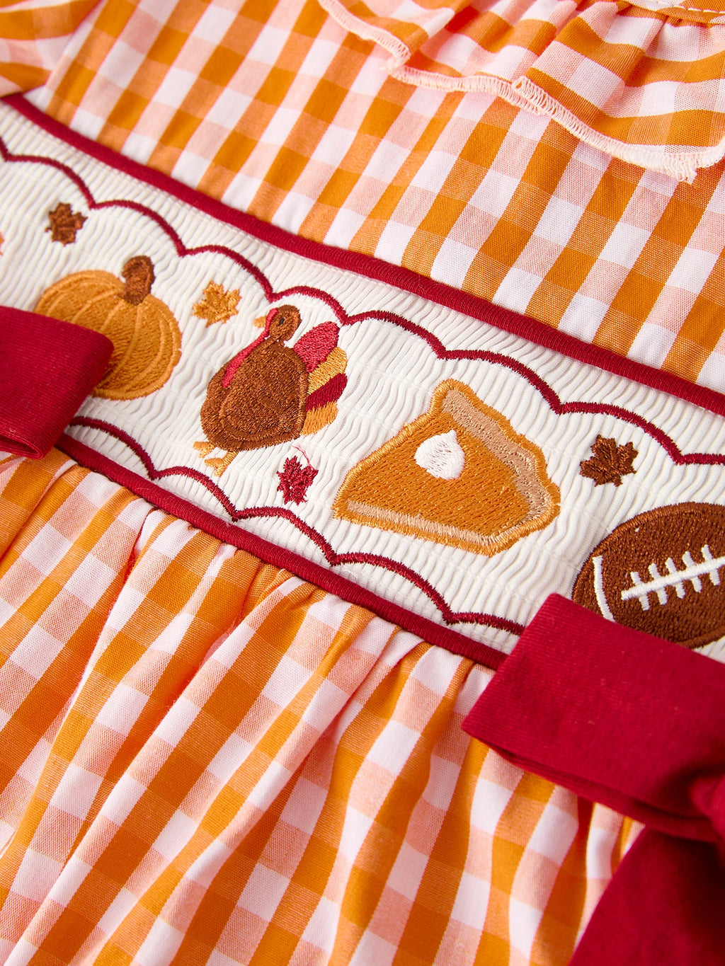 Fall Turkey Embroidered Dress For Girls – Orange Checkered With Thanksgiving Details