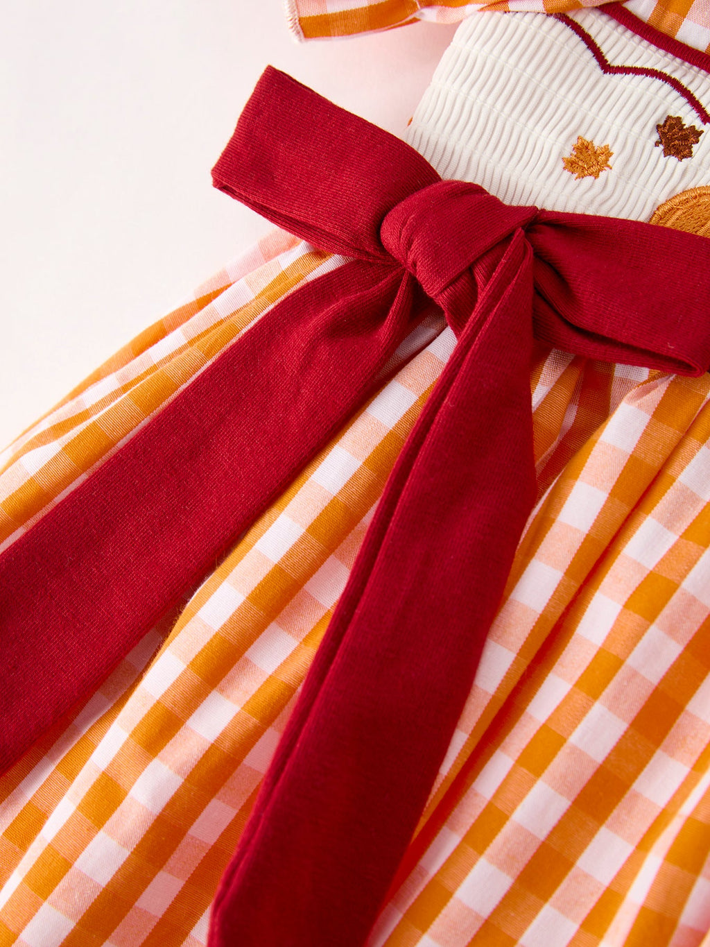 Fall Turkey Embroidered Dress For Girls – Orange Checkered With Thanksgiving Details