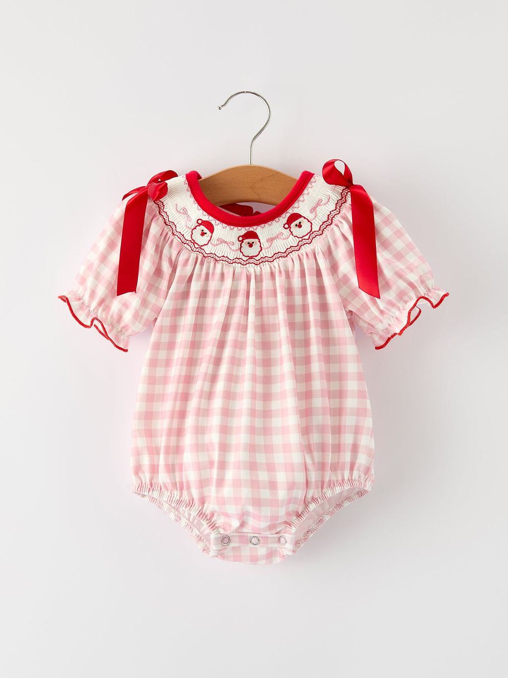 Pink Gingham Christmas Baby Girls Romper: Santa Embroidery With Red Satin Ribbon