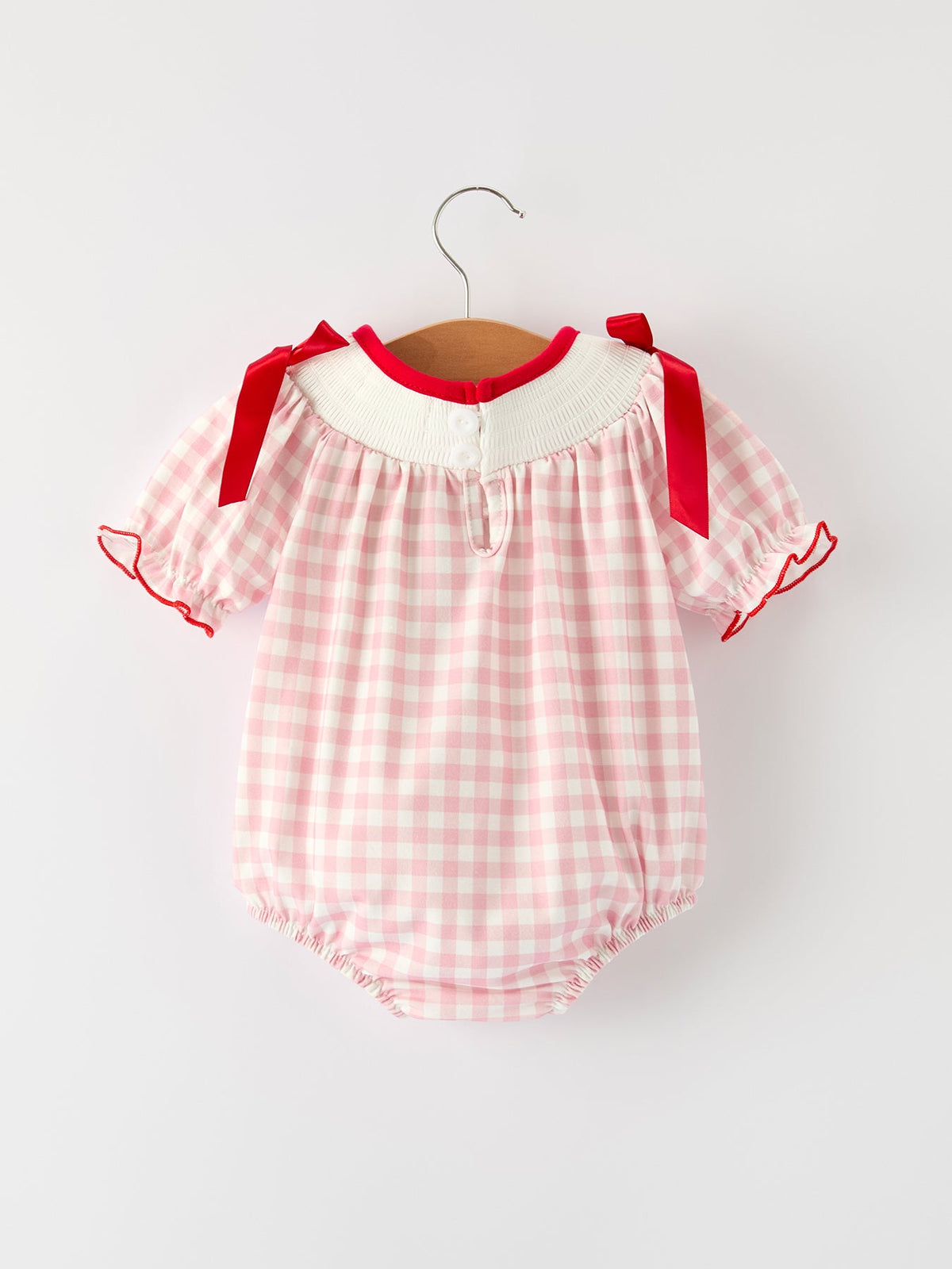 Pink Gingham Christmas Baby Girls Romper: Santa Embroidery With Red Satin Ribbon