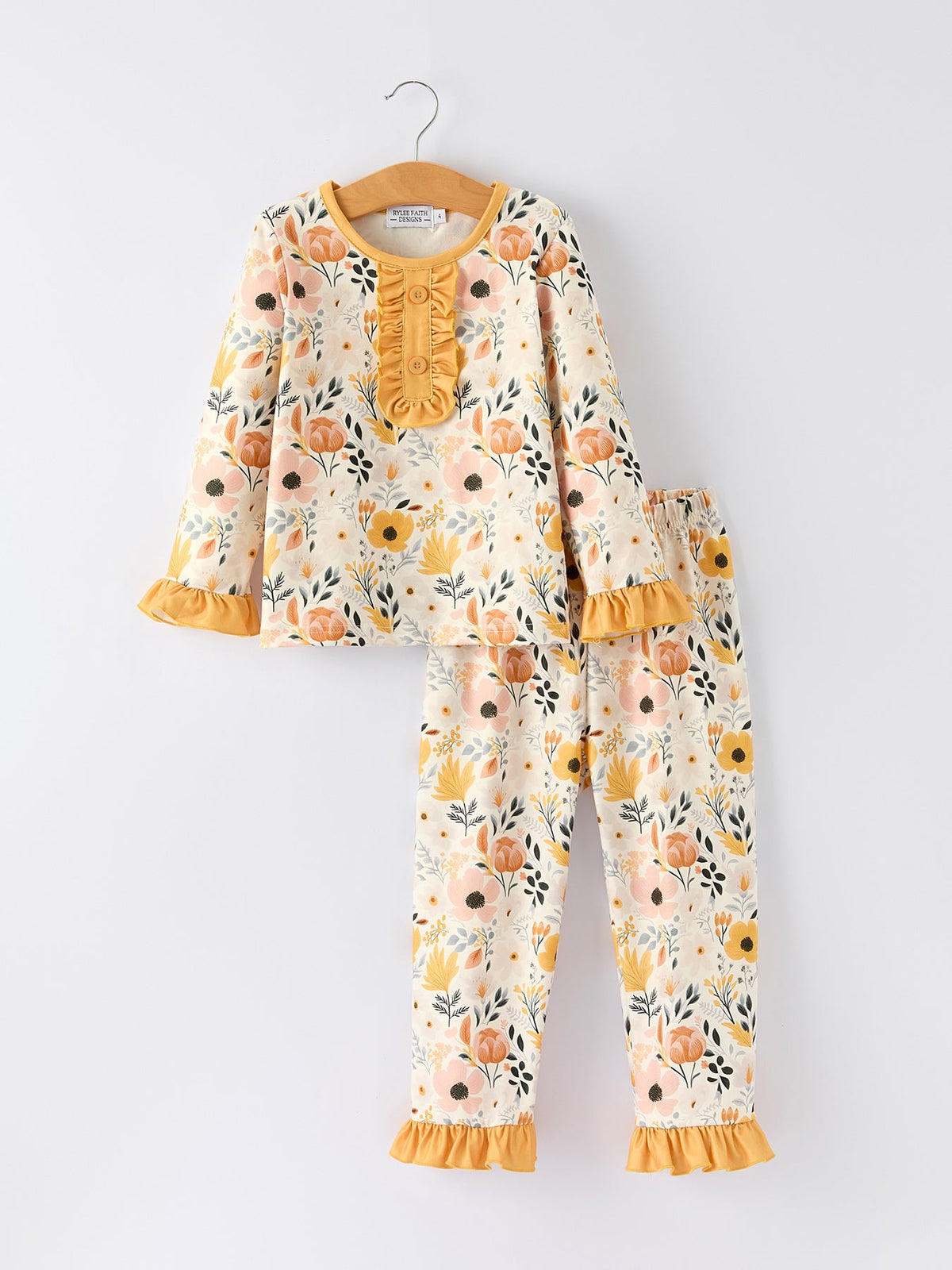 Fall Floral Print Girls Pajamas Set With Ruffle Details