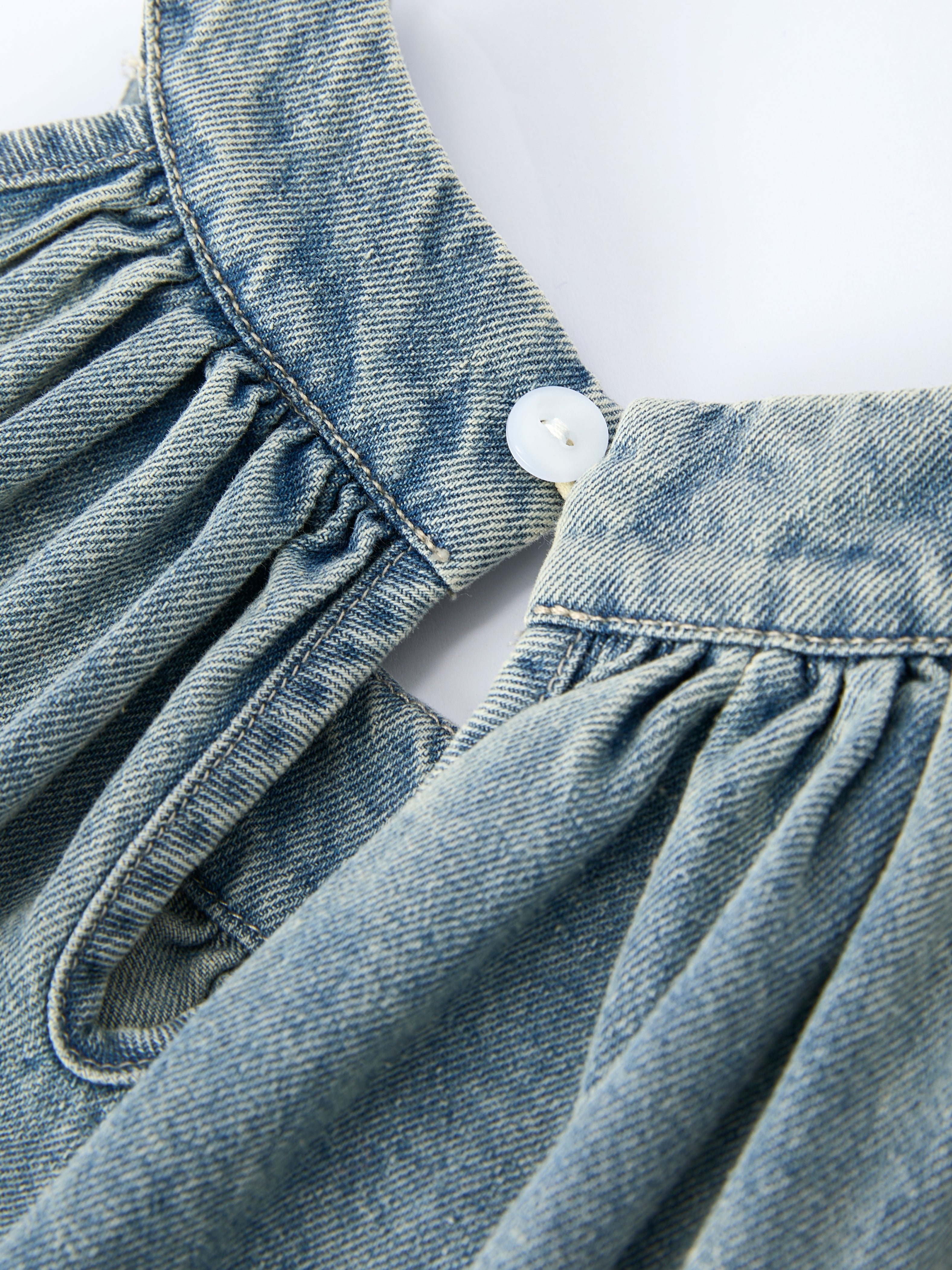 Girls Denim Ruffle Trim A-Line Dress