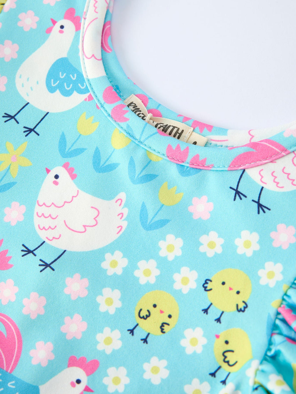 Aqua Spring Chicken Floral Farm Print Girls Dress