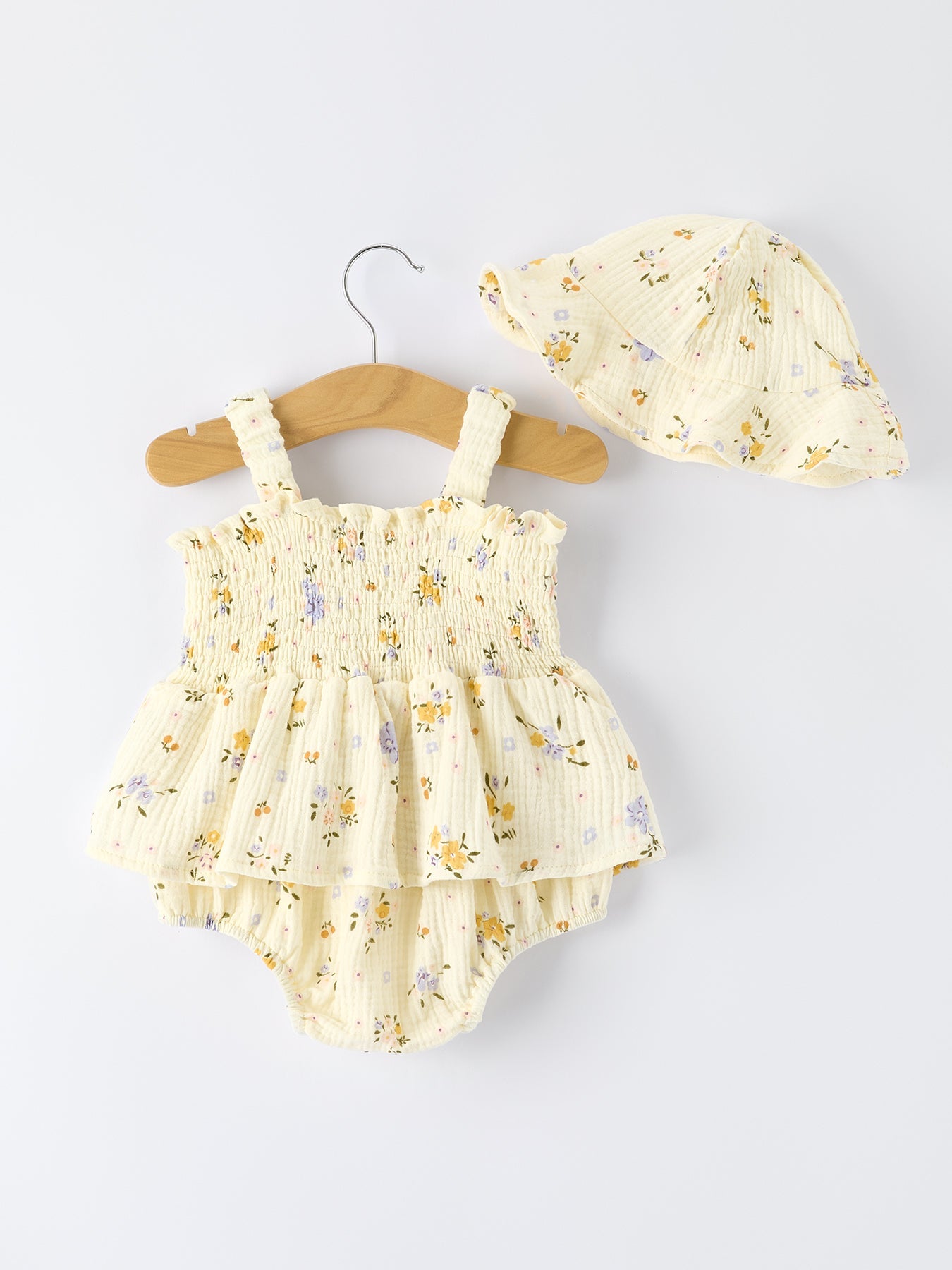 Muslin Floral Smocked Baby Romper with Matching Hat