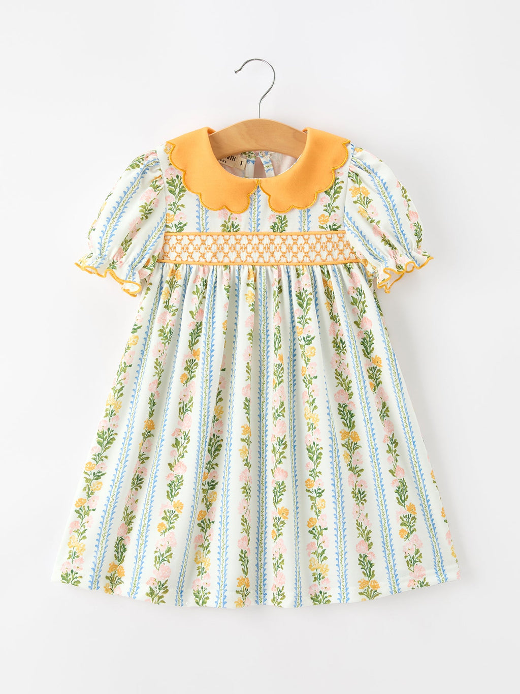 Fall Smocked Floral & Stripe Baby Girl Dress With Scallop Collar