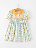 Fall Smocked Floral & Stripe Baby Girl Dress With Scallop Collar