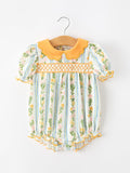 Fall Smocked Floral & Stripe Baby Girl Romper With Scallop Collar