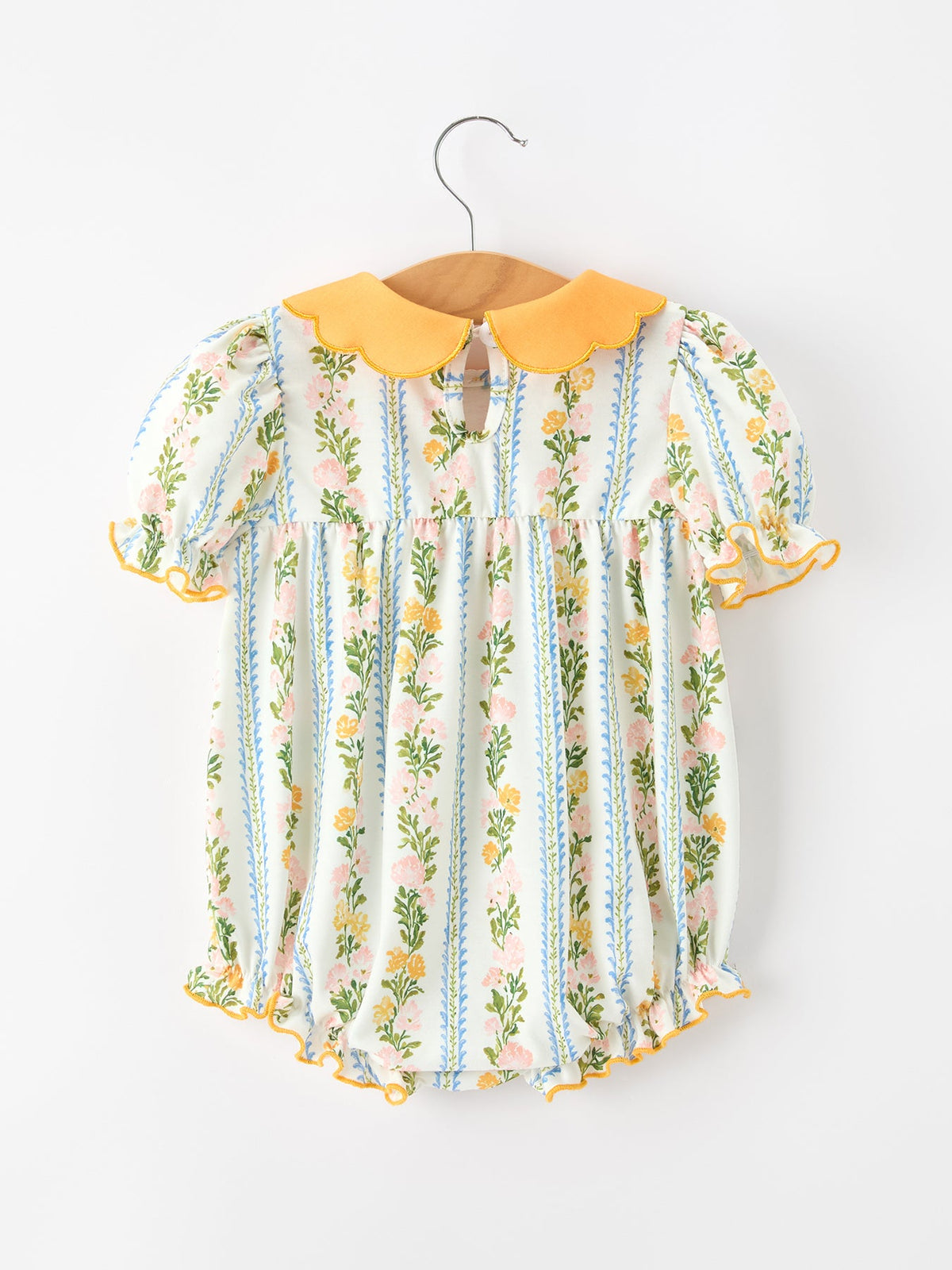 Fall Smocked Floral & Stripe Baby Girl Romper With Scallop Collar