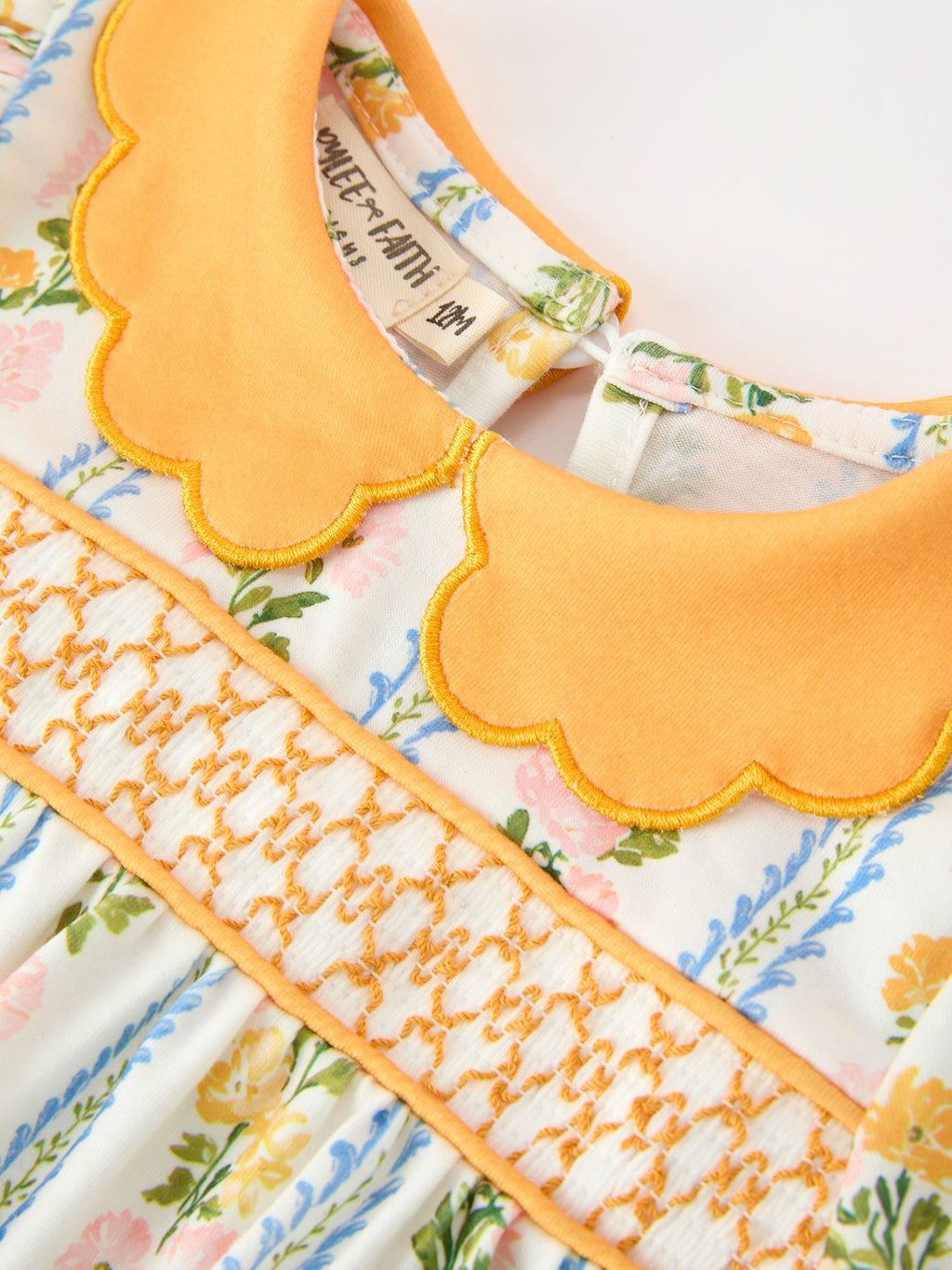Fall Smocked Floral & Stripe Baby Girl Romper With Scallop Collar