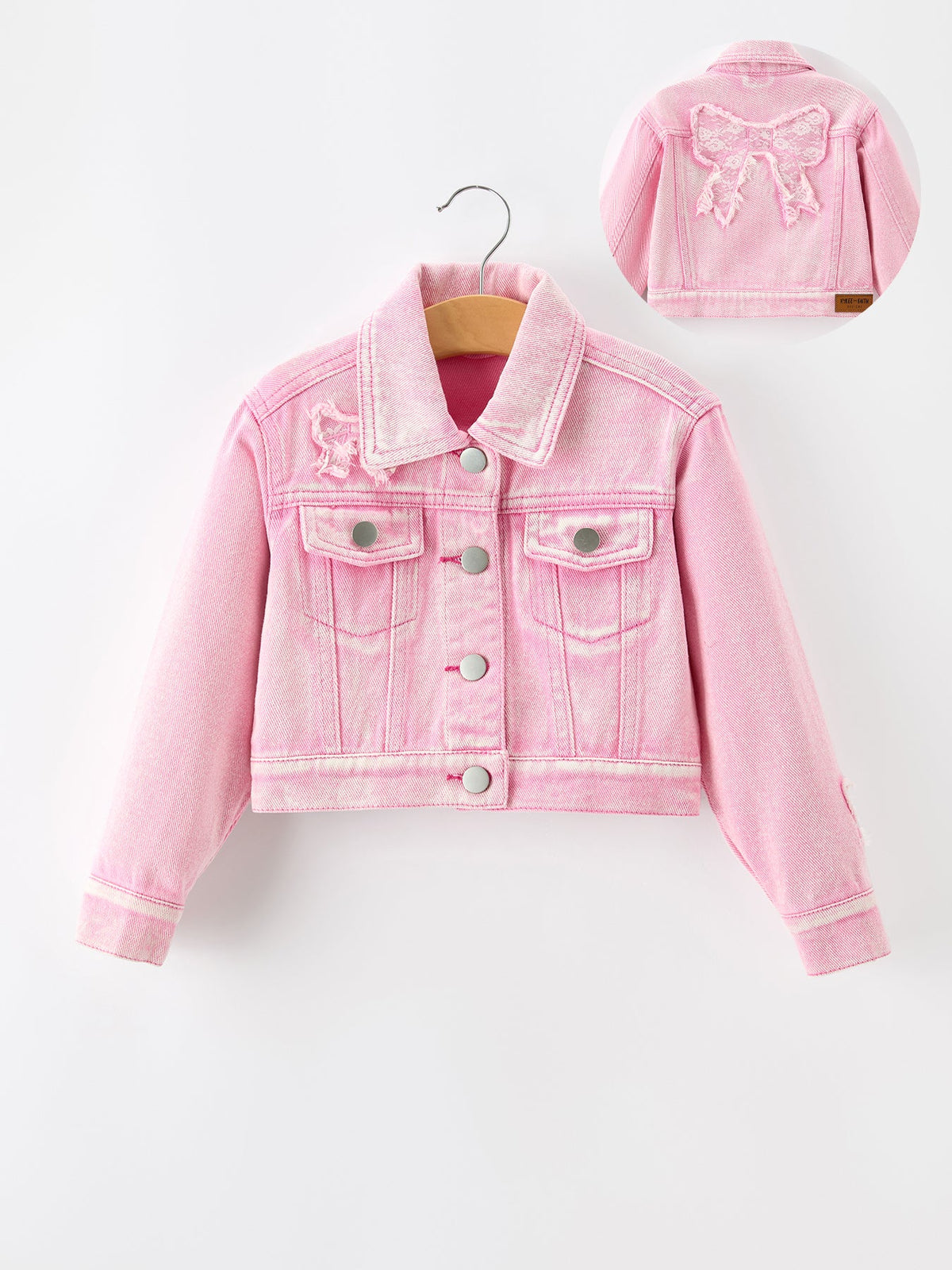 Girls Pink Denim Jacket With Lace Bow Back Detail