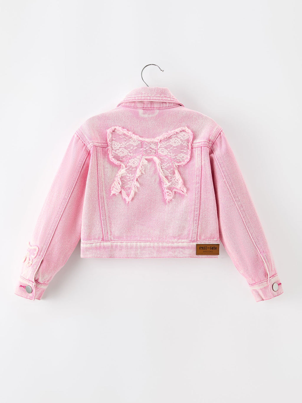 Girls Pink Denim Jacket With Lace Bow Back Detail