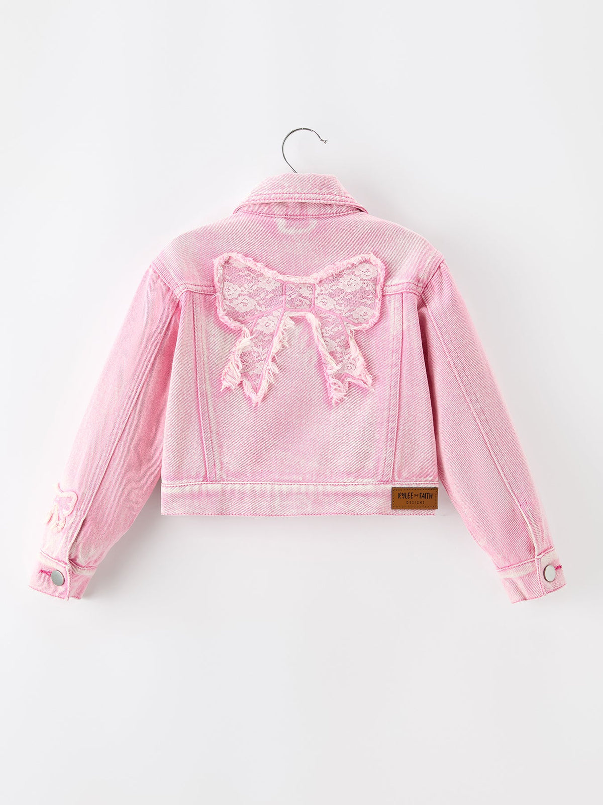 Girls Pink Denim Jacket With Lace Bow Back Detail