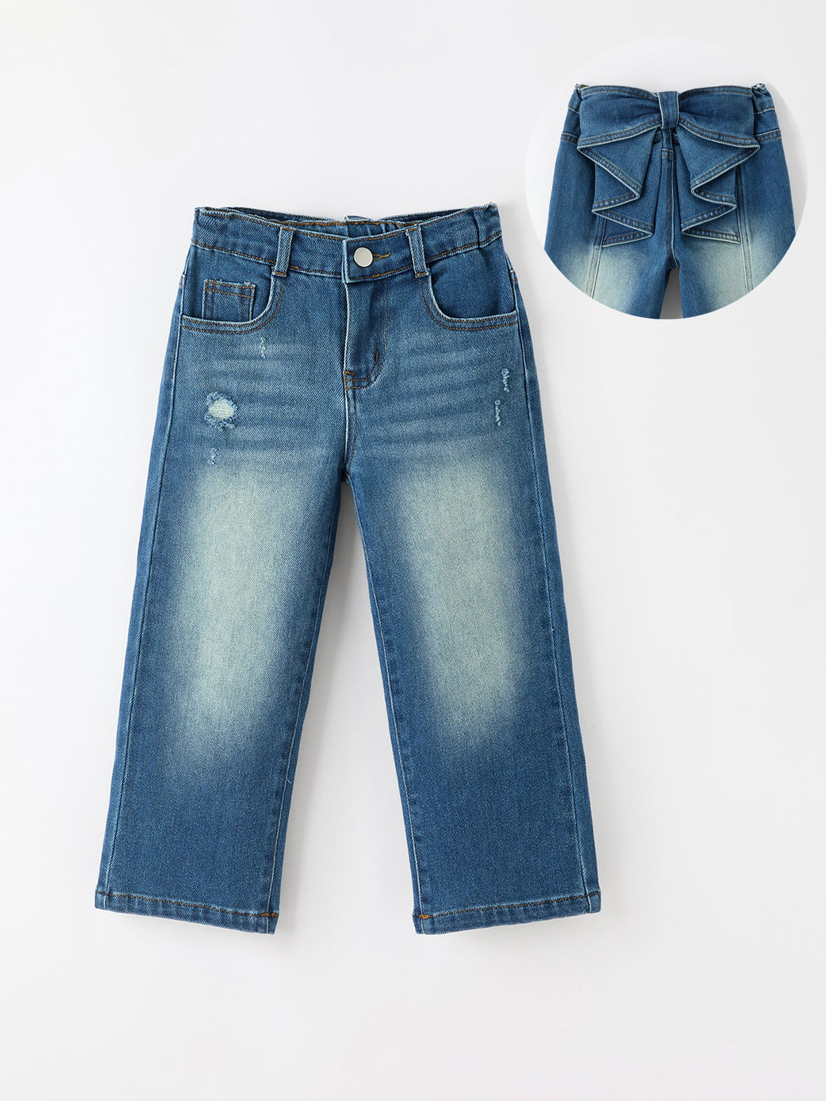 Girls Distressed Denim Jeans With Oversized Back Bow