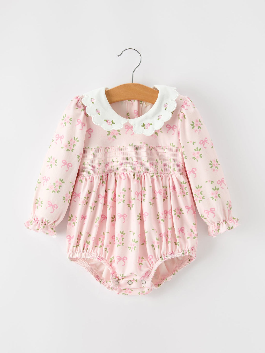 Fall Baby Girls Pink Floral Embroidered Collar Smocked Romper