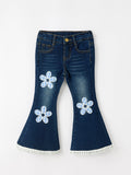 Fall Girls Floral Appliqué Denim Bell Bottom Jeans