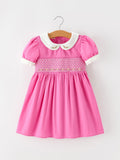 Fall Girls Hot Pink Floral Embroidered Smocked Dress