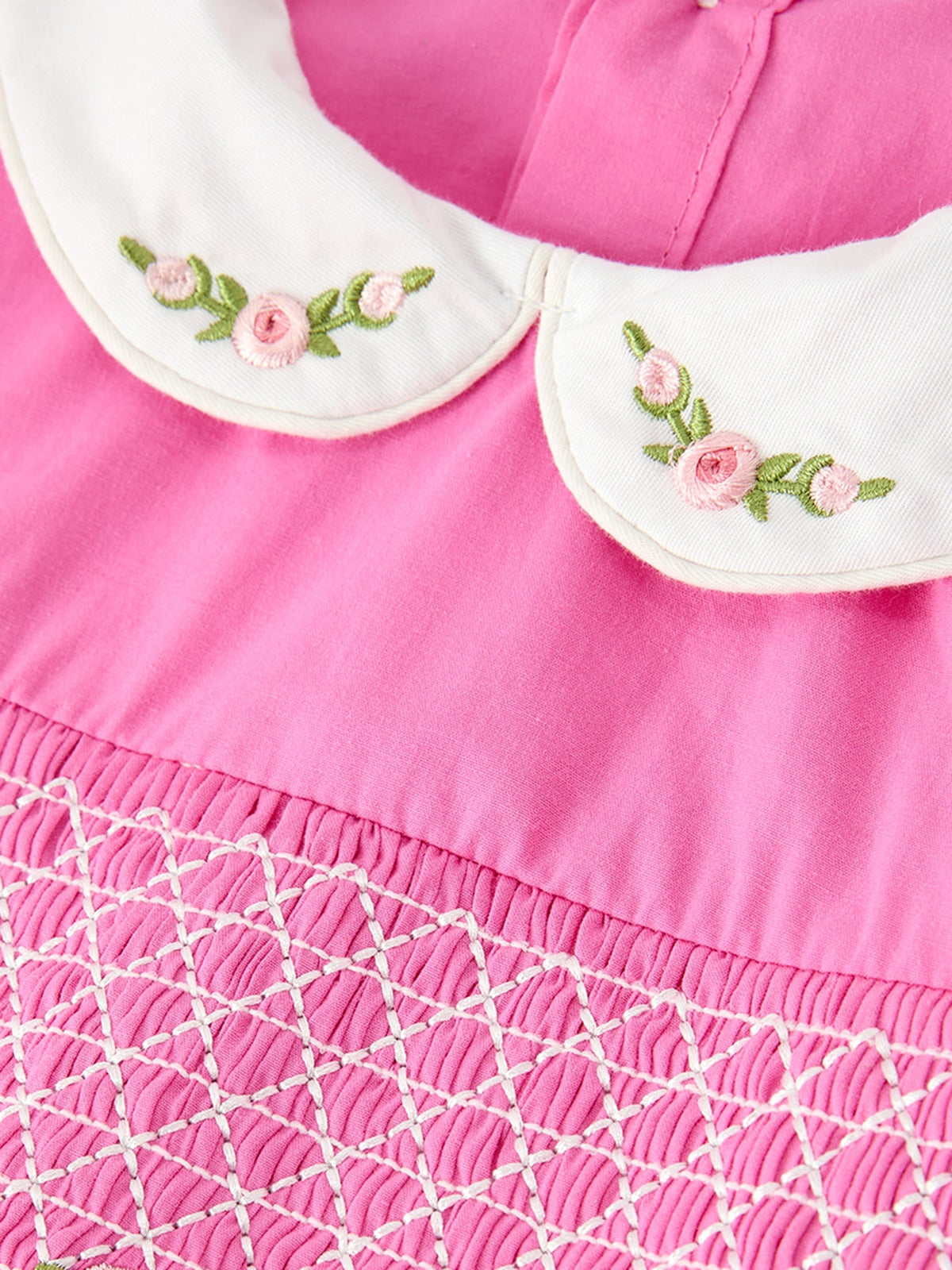 Fall Girls Hot Pink Floral Embroidered Smocked Dress