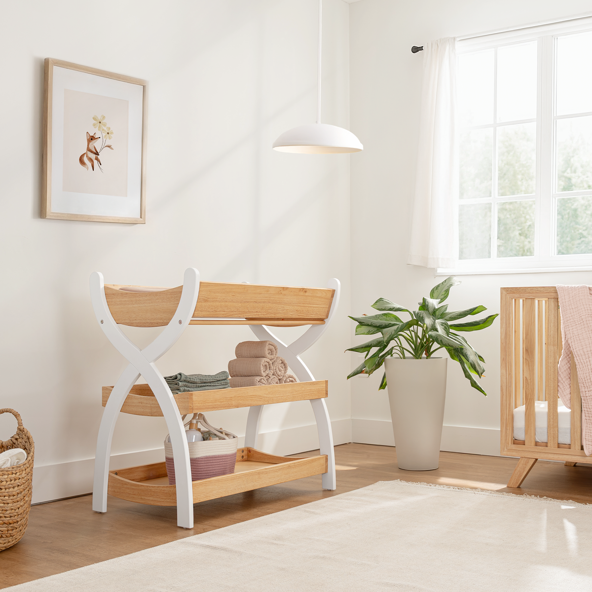 Baby Changing Table By Comfy Cubs - Natural Wood With White Legs