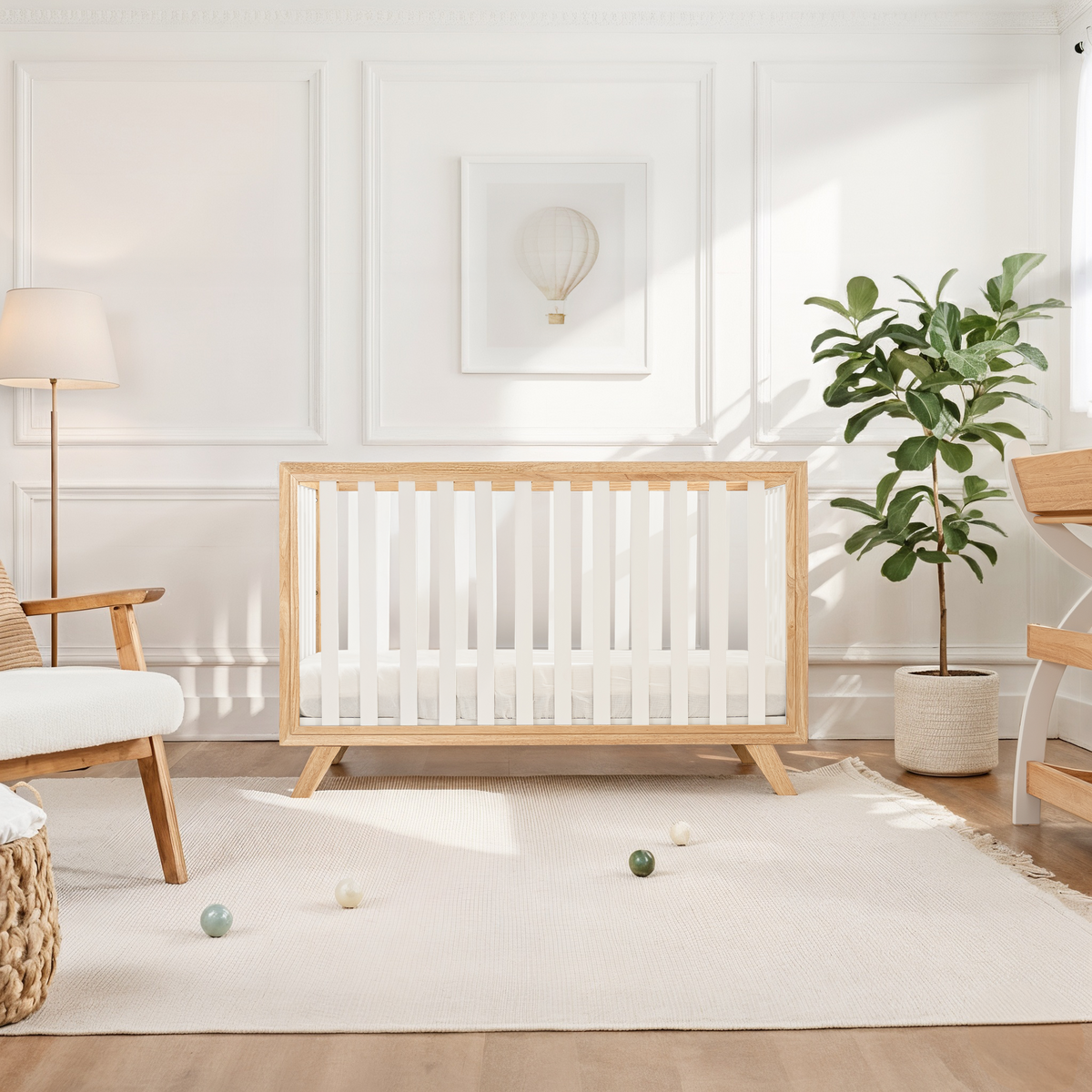 Baby Crib For 0 To 3 Years - White Bars And Natural Wood Frame And Legs