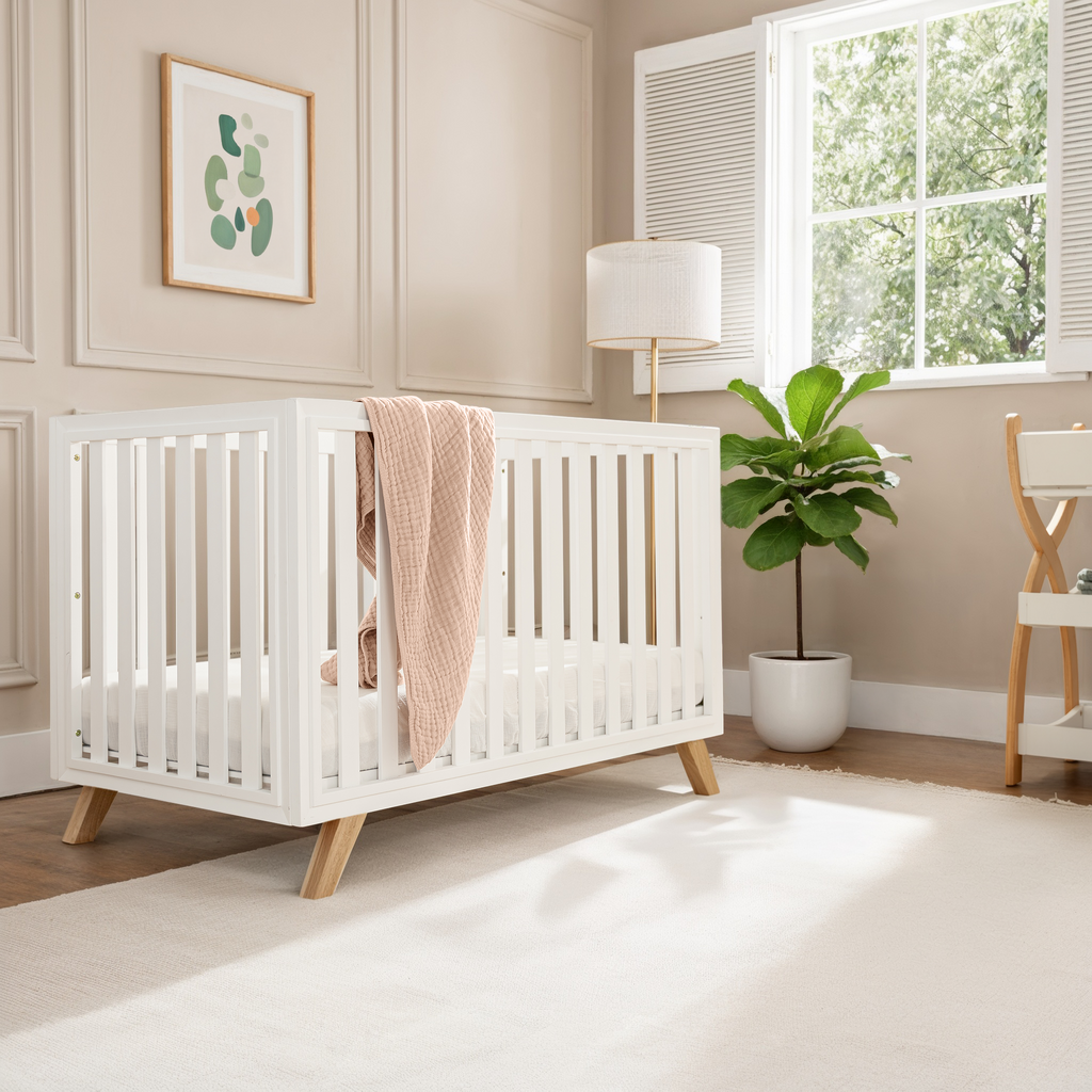 Baby Crib For 0 To 3 Years - White Bars And Frame And Natural Wood Leg