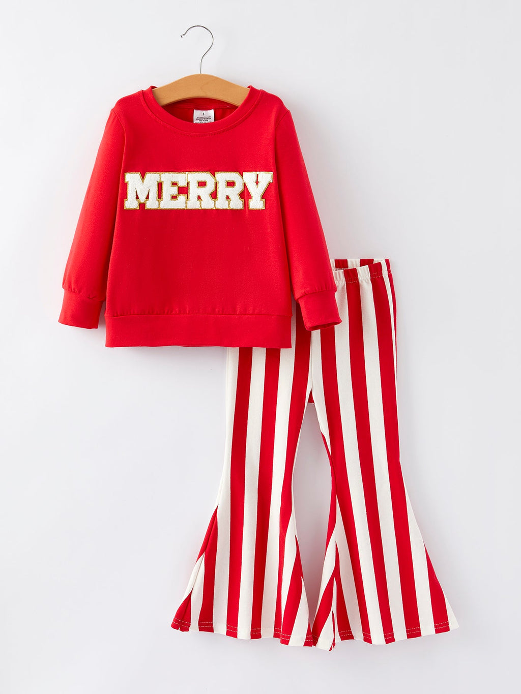 Christmas “Merry” Applique Girls Striped Bell-Bottom Pants Outfit Set