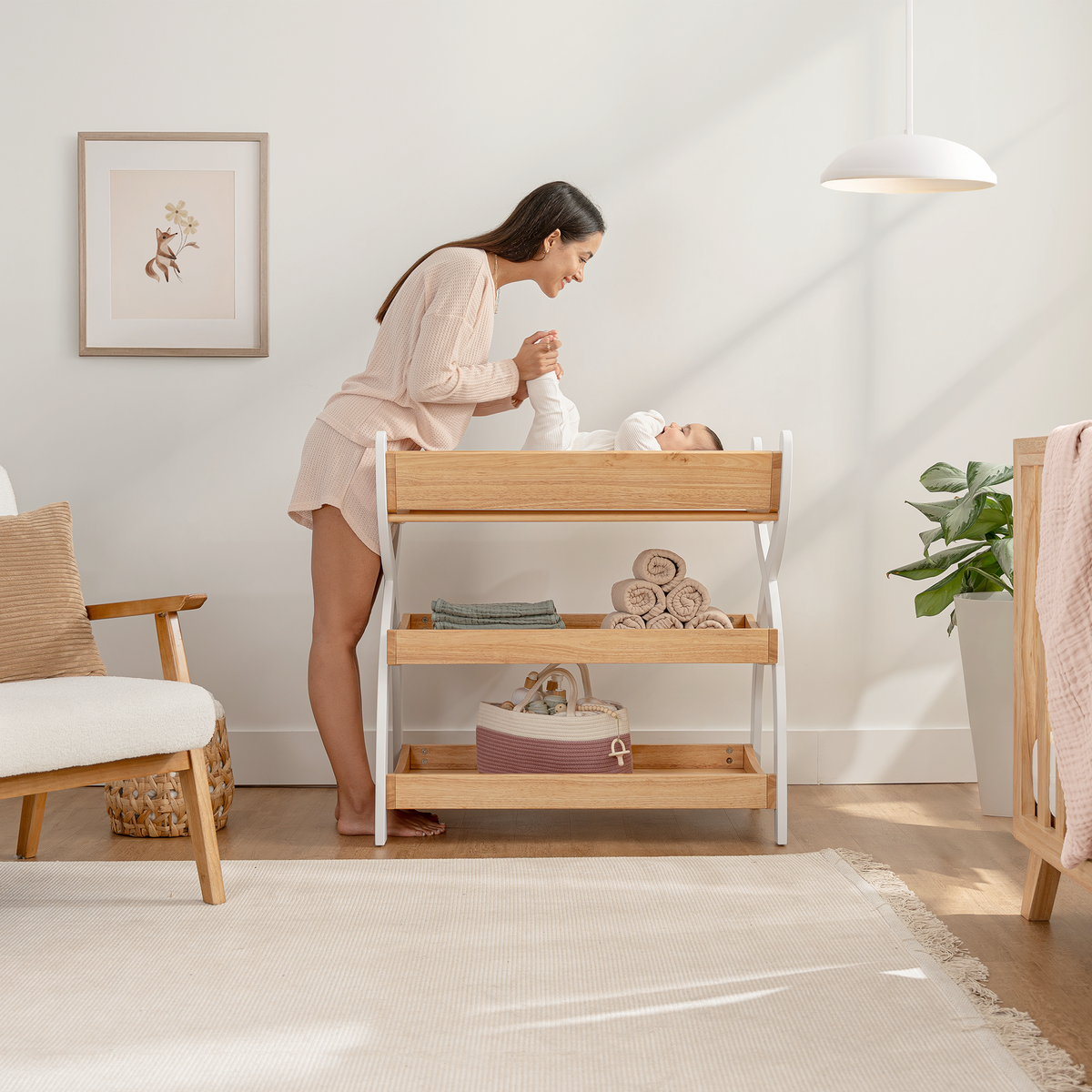 Baby Changing Table By Comfy Cubs - Natural Wood With White Legs