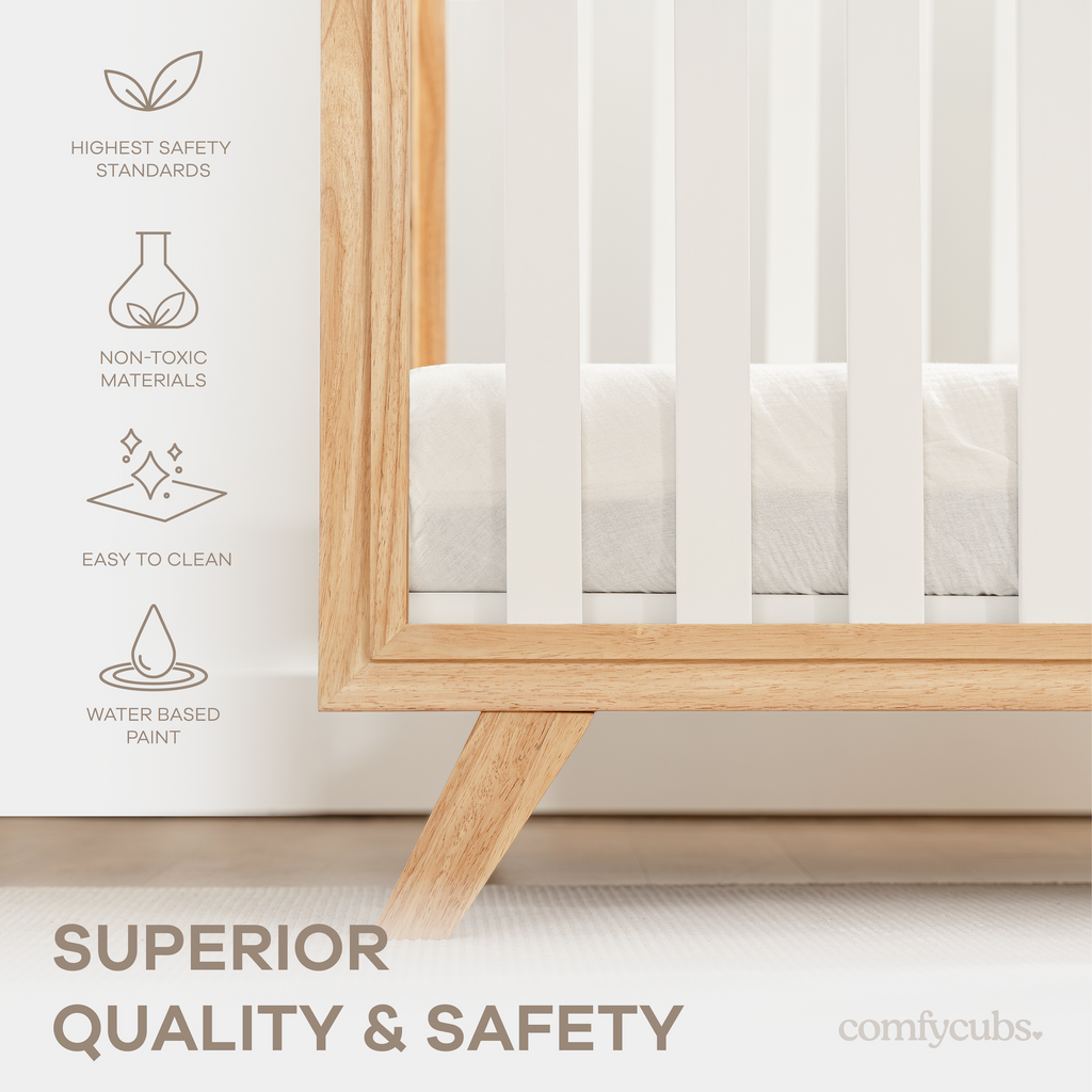 Baby Crib For 0 To 3 Years - White Bars And Natural Wood Frame And Legs