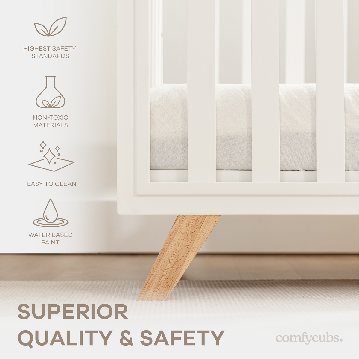 Baby Crib For 0 To 3 Years - White Bars And Frame And Natural Wood Leg