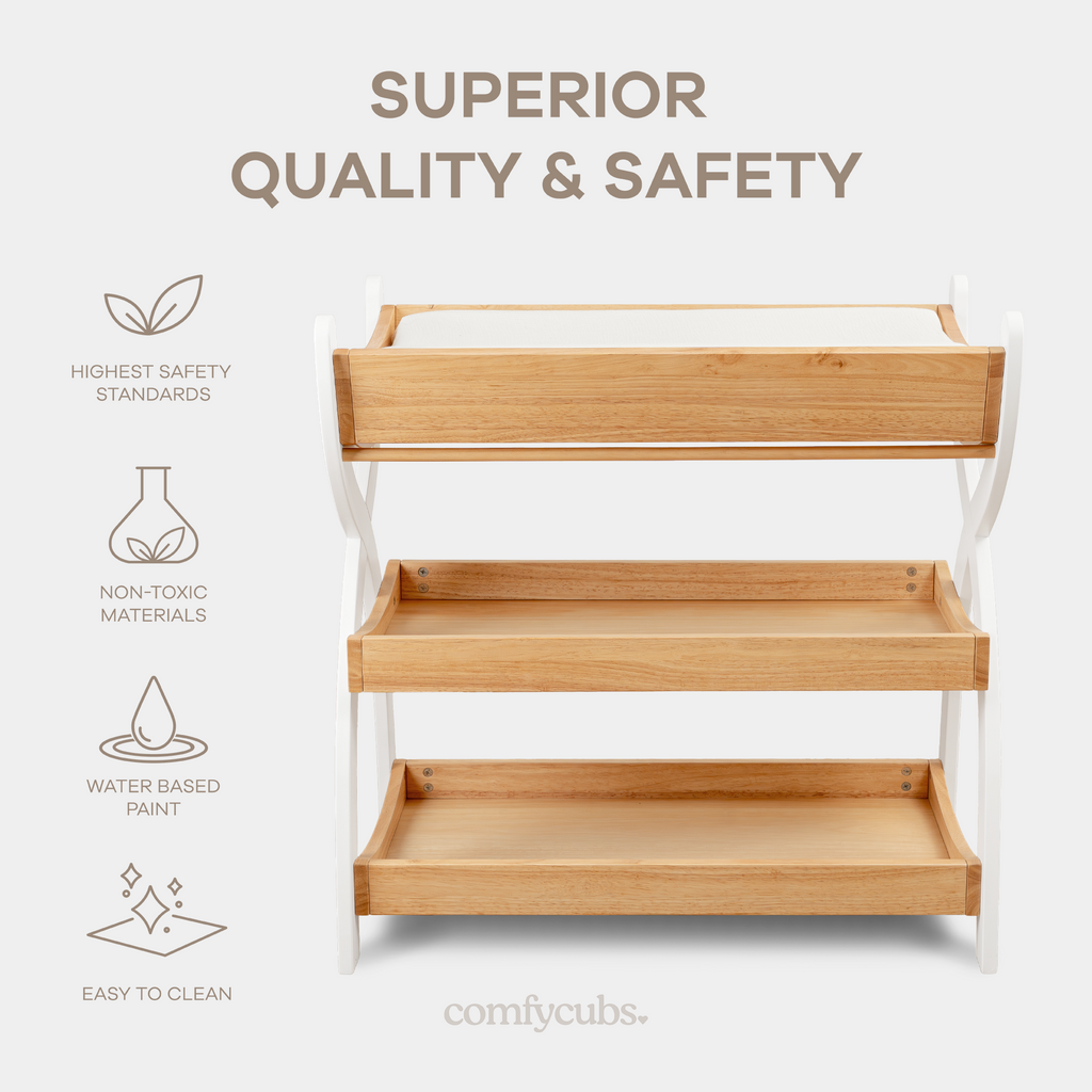 Baby Changing Table By Comfy Cubs - Natural Wood With White Legs