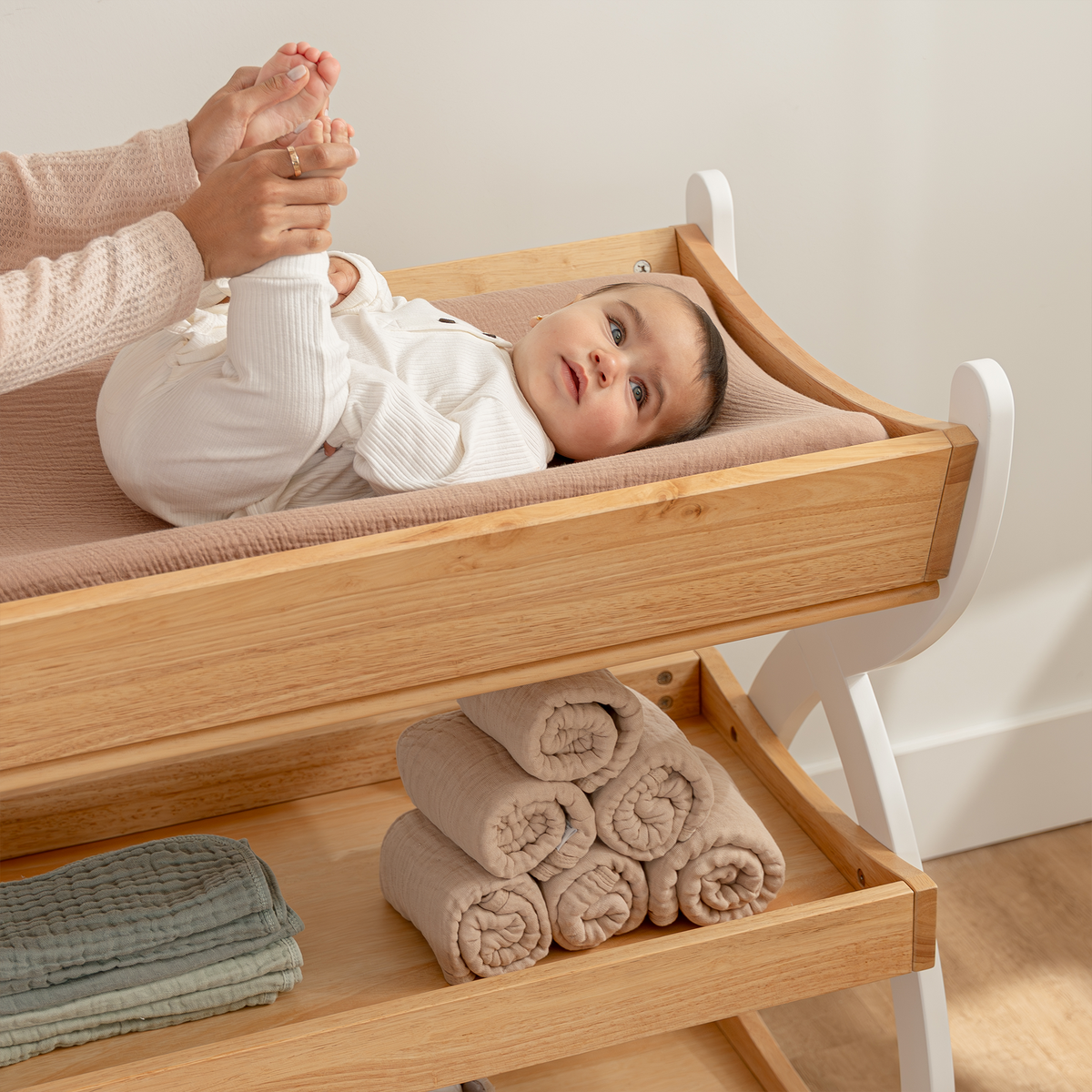 Baby Changing Table By Comfy Cubs - Natural Wood With White Legs